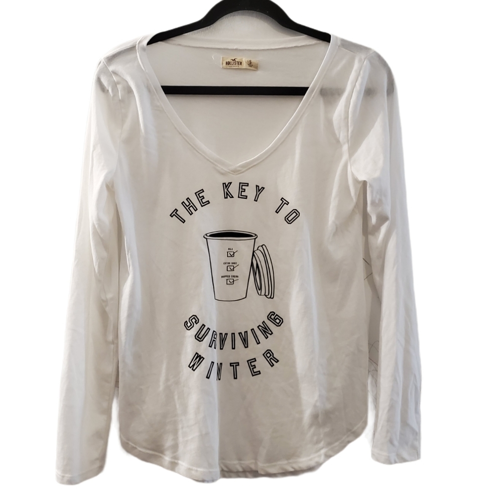 Hollister White The Key To Surviving Winter Coffee Graphic Tee S